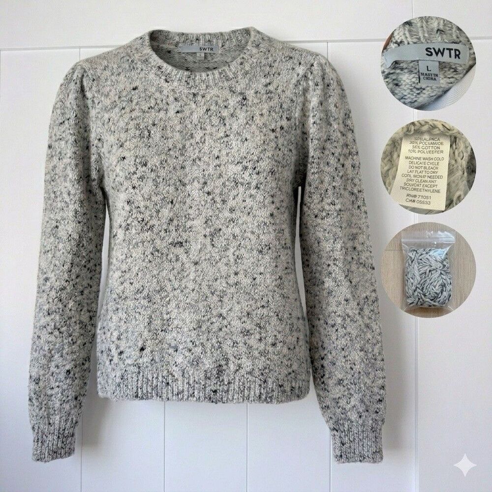 SWTR Alpaca Blend Marled Speckled Sweater L Gray Fluffy Lightweight Quiet Luxury